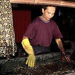 Dyeing the cloth in colour.