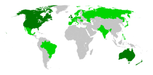 Top 25 contributor countries to the English Wikipedia. Dark green: Native English speaking countries; light green: countries with English as a foreign language.[43]