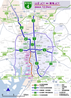 名古屋高速與周邊收費道路路線圖。藍線為名古屋高速路線，橙線為4號東海線。