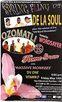 A black poster with various images and fonts. Text reads: ASUW Arts & Entertainment presents Spring Fling '04. De La Soul, Ozomatli, Home Grown plus: the winner of the "UW Band Showdown." Hosted by: Wordsayer. with: Massive Monkees, DV One, Vitamin D. 6:00 pm, Friday, May 14th. Hec Edmunson Pavilion UW. $12 UW w/ ID @ the HUB Ticket Office. $16 GP: @ the HUB ticket office & ticketswest. For more info: www.uwsoundbites.com