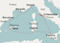 Route of Mediterranean cruise from Civitavecchia and back. Arrow: journey on first leg, star: impact with reef