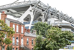 Croke Park seen behind Victorian townhouses on Jones's Road, Clonliffe