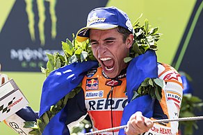 Marc Márquez 2019 Catalunya Marc Márquez, celebrating on the podium after winning the 2019 Catalan Grand Prix.