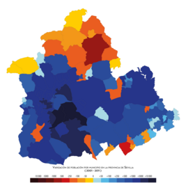 Crecimiento de la población de los municipios de Sevilla entre 2001 y 2011