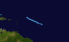 A map showing the track of a tropical depression, with a portion of South America and the Lesser Antilles visible on the left side of the image