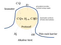 Protocells in contact with a thin rock barrier in a hydrothermal vent get a free supply of energy from the pH gradient.[247]