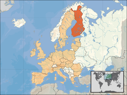 Location of Finland (orange) – in Europe (tan & white) – in the European Union (tan)  [Legend]