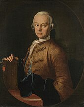 Serios-faced middle-aged man, seated facing half- left, wearing a wig and a heavy brown formal coat