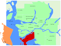 Location of Delta within the Greater Vancouver Area in British Columbia, Canada