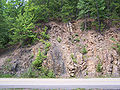 Vertical quartzite and slate strata along the eastern flank of the Ouachitas.