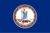 The Virginian flag, which features a complex seal with a woman standing on the body of a man she has killed, in a blue field background