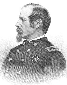 A sketch depicting a head-and-shoulders portrait of a high-ranking United States army officer of the Civil War era. His face is in profile. He has a receding hairline, a mustache and a goatee.