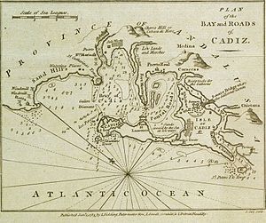 Карта Кадисского залива. Город Рота на западе