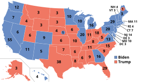 Electoral college map, depicting Trump winning many states in the South and Rocky Mountains and Biden winning many states in the Northeast, Midwest, and Pacific West