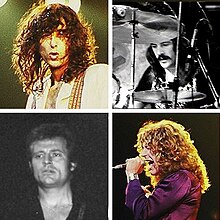 A montage of four musicians; from upper left to bottom right: A man with curly hair, a man with moustache looking at his drums, a short-haired man looking to the right, a curly-haired man singing with a microphone