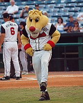 A person wearing a yellow anthropomorphized cougar costume, in which only the head and arms are visible, and dressed in a white baseball uniform with "Sounds" written across the chest in red letters dances on a baseball field