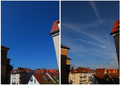 The image on the left shows the sky above Würzburg, Germany without contrails after the grounding of air traffic in 2010 and the image on the right shows the sky with regular air traffic on a day when conditions were right for contrails to form.