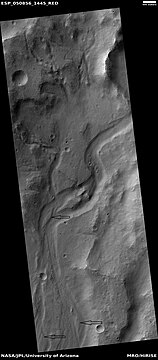 Channel, as seen by HiRISE under HiWish program. Streamlined shapes are indicated with arrows. Location is the Phaethontis quadrangle.