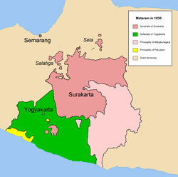 The realm of Surakarta Sunanate (red) and Yogyakarta Sultanate (green) in 1830