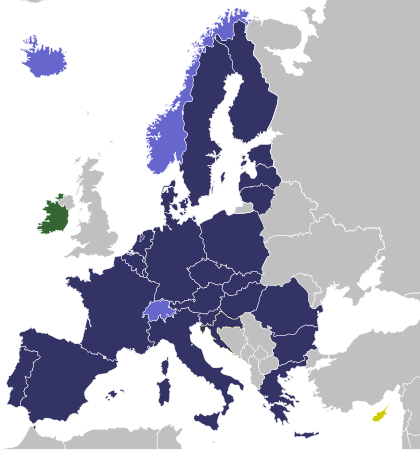 labelled map of Europe showing Schengen Area