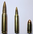 From left to right: 7.62×51mm NATO, 5.56×45mm NATO, and 9×19mm Parabellum