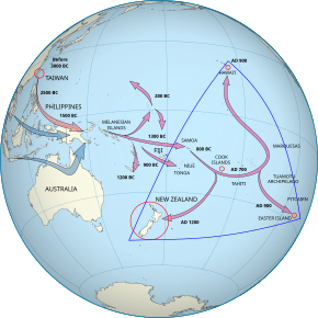 One set of arrows point from Taiwan to Melanesia to Fiji/Samoa and then to the Marquesas Islands. The population then spread, some going south to New Zealand and others going north to Hawai'i. A second set start in southern Asia and end in Melanesia.