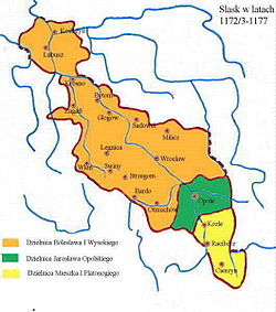 Silesia 1172-77: Bolesław I the Tall at Wrocław (orange), Mieszko I Tanglefoot at Racibórz (yellow), Jarosław at Opole (green)