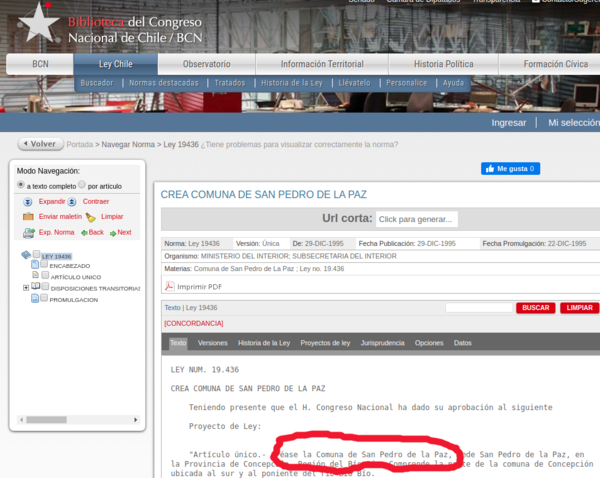 Ley de creación de la Comuna San Pedro de La Paz publicada por la BCN. Obsérvese el uso de mayúsculas para "Comuna de San Pedro de la Paz". Significa que es un nombre propio.