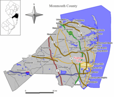 Location of Neptune Township in Monmouth County highlighted in yellow (right). Inset map: Location of Monmouth County in New Jersey highlighted in black (left). Interactive map of Neptune Township, New Jersey