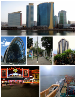 Top to bottom (left to right): Skyline of Port of Spain from Gulf of Paria; National Academy for the Performing Arts, Independence Square, Eric Williams Plaza; MovieTowne, Port of Port of Spain City