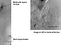 Tikonravev Crater Floor, as seen by Mars Global Surveyor. Click on image to see dark slope streaks and layers. Tikonravev Crater is in the Arabia quadrangle.