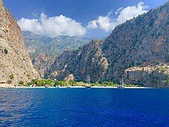 Mediterranean Region: Butterfly Valley in Fethiye. Mediterranean coastal beaches are popular among tourists.[312]