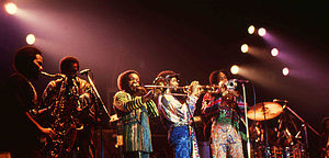 The Phenix Horns in 1982. (L–R): Andrew Woolfolk on saxophone, Don Myrick on saxophone, Louis Satterfield on trombone, Michael Harris on trumpet and Rahmlee Michael Davis on trumpet