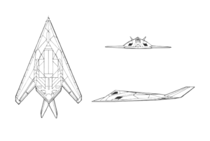 An orthographically projected diagram of the F-117A Nighthawk