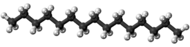 Ball-and-stick model of the pentadecane molecule