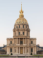 The Dôme des Invalides, 107 metres (351 ft) tall and decorated with 12.65 kilograms (27.9 lb) of gold leaf