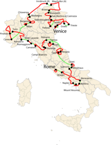 Overview of the stages; the red lines indicate distances covered by the riders on the bicycle in the individual stages, while the green lines are distances between stages, covered by bus and car.