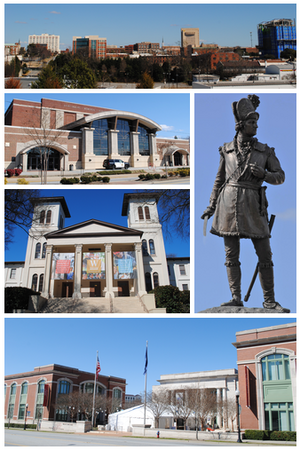 Top, left to right: Spartanburg skyline, Spartanburg Memorial Auditorium, Wofford College, Chapman Cultural Center, Daniel Morgan Monument, Chapman Cultural Center