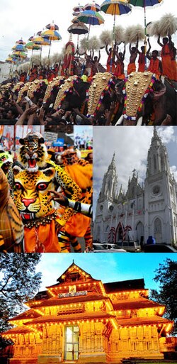 Clockwise from top: Thrissur Pooram, Our Lady of Dolours Basilica, Puli Kali, Vadakkunnathan Temple