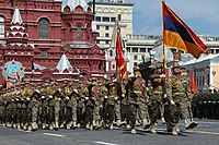 Colonel Ashot Hakobyan leading the contingent from the Armenian Armed Forces during the 2015 Moscow Victory Day Parade. Being a graduate at the school, he participated in Soviet-era parades on the square.