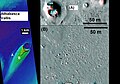 Cones in Athabasca Vallis, as seen by HiRISE. Cones were formed from lava interacting with ice. Larger cones in upper image were produced when water/steam forced its way through thicker layer of lava. Difference between highest elevation (red) to lowest (dark blue) is 170 m (558 feet).