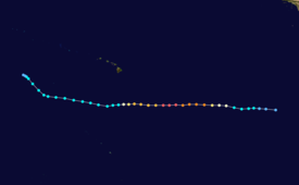 Track map of a major hurricane that starts over the eastern Pacific Ocean, heading due west for most of its duration. It bypasses Hawaii, located at the center of the image, to the south before shifting northwest and ending over water.