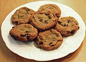 A plate of chocolate chip cookies