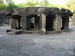 The circular Nandi mandapa at the Pataleshwar cave temple, built during the Rashtrakuta Empire.