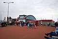 Tourists emerge from the ferry