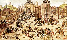 painting of St. Bartholomew's Day massacre, convent church of the Grands-Augustins, the Seine and the bridge of the Millers, in the center, the Louvre and Catherine de' Medici.