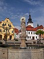 A fountain with the statue of St. James the Great on Masaryk Square