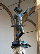 Perseus with the Head of Medusa (Benvenuto Cellini, 1545–54) in the Piazza della Signoria in Florence, Italy after the statue's cleaning