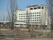 Abandoned hotel with Soviet Union-style architecture.