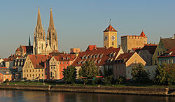 Saint Peter's Church and the Regensburg Town Hall in August 2009